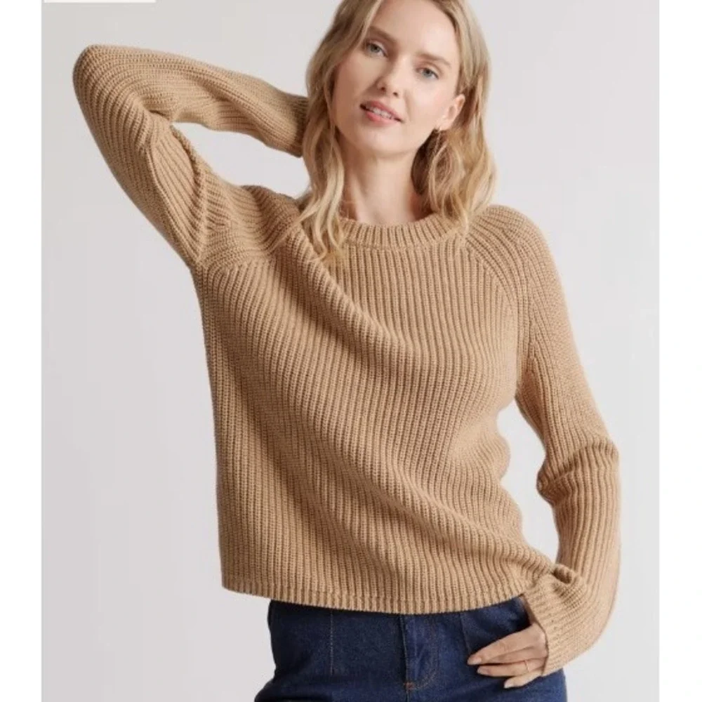 Quince Organic Cotton Fisherman Sweater Tan Camel Ribbed Crewneck XS - Picture 1 of 7